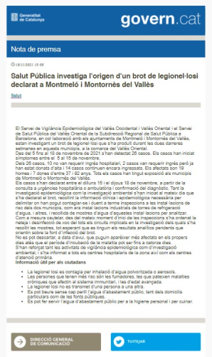 Nota de premsa del departament de Salut de la Generalitat de Catalunya